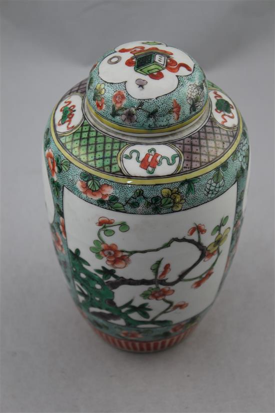 A Chinese famille verte ovoid jar and cover, late 19th century, 21cm.